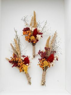 three dried flowers are placed in a white box