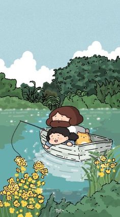 a woman and child are in a boat on the water with yellow flowers around them