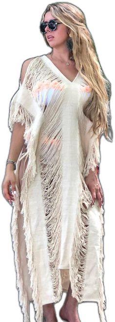 Beige V-neck Maxi Dress For The Beach, Beige V-neck Maxi Dress For Beach, White Maxi Length Cover-up For A Day Out, White Free Size Maxi Dress For Beach Cover-up, Beige Maxi Dress For Beach Cover-up, Beige Maxi Beach Dress, Spring Beachwear Maxi Dress With Fringe, Beige Maxi Dress For Festival, Beige Maxi Beach Dress For Festival