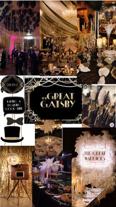 a collage of photos with black and white decorations, chandeliers, and signs