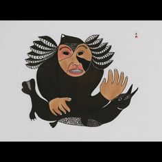 a drawing of a monkey with feathers on it's head and hands in the air