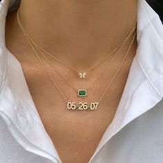 This beautiful necklace features the date or initials of your choice. Example Shown: 14K Yellow Gold, emeralds, 05.26.07 Enter up to 8 numbers or letters - other examples of dates include: 4.15.2017 or 6.12.05 or 6.5.2019, JR.KA, P.L MAKE SURE TO ENTER WHERE YOU WANT THE DOTS/PERIODS. Available in 14K Yellow, White or Rose Gold Dots are available in diamond, sapphire, ruby or emerald stones Measures approx. 1/4" in height and 1 - 1.25" long Diamond stones FINAL SALE Luxury Medallion Necklaces For Valentine's Day, Letter Jewelry Diamond, Luxury Engraved Nameplate Jewelry, Luxury Yellow Gold Necklace Gift For Mom, Luxury Sentimental Necklaces For Anniversary Gift, Necklace Name Design, Date Necklace, Initials Necklace, Fancy Jewelry Necklace