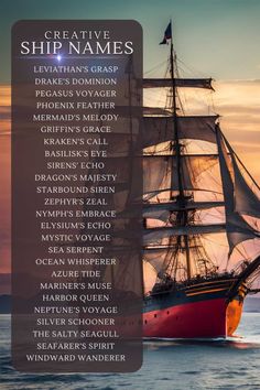 an image of a ship in the ocean with words on it that say creative names