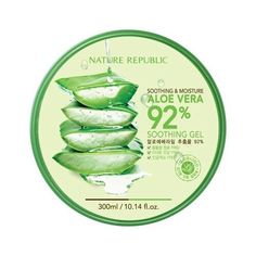 Nature Republic Aloe Vera 92% Soothing Gel 300ml     Features Nature RepublicÂ’'s Aloe Vera 92% Soothing Gel is a gel formulated with 92% Aloe Vera extracts  and vitamins that moisturize and soothe the skin. The aloe vera content relaxes all reddish and dry parts of the skin with a moist and non sticky texture. 300 ml.              Detail             How to use    After your basic skincare routine, gently apply an ample amount onto face and body especially to dry parts of the body for optimal re Nature Republic Aloe Vera, Oily Skin Remedy, Natural Aloe Vera, Natural Kitchen, Soothing Gel, Aloe Gel, Nature Republic, The Face Shop, Aloe Vera Leaf