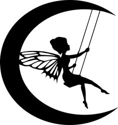 the silhouette of a fairy sitting on a swing in front of a crescent with wings