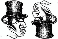 an old fashioned drawing of two people in top hats, one is talking to the other