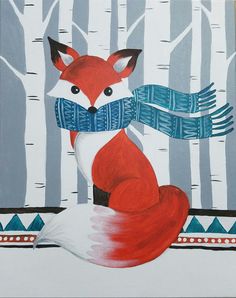 a painting of a red fox wearing a blue scarf and standing in front of trees