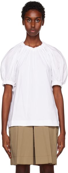 Paneled cotton jersey and cotton poplin T-shirt. · Gathering at elasticized crewneck and cuffs · Raglan puff sleeves Supplier color: White 3.1 Phillip Lim, Phillip Lim, Cotton Poplin, Luxury Streetwear, Puff Sleeves, White Undershirt, Puff Sleeve, Color White, Perfect Clothing