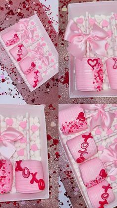 pink and white cake with hearts on it