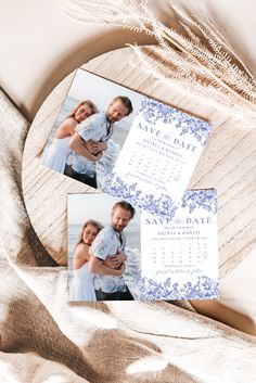 two photos of a couple on their save the date cards are laying next to each other