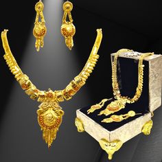 "Indulge in opulence with our 22k Gold-Plated Necklace and Earrings Set. This exquisite ensemble is a true masterpiece, exuding the allure of pure gold with the added beauty of meticulous plating. The set includes a stunning necklace and matching earrings, designed to elevate your style and make a statement on special occasions. Whether you're attending a formal event or simply want to add a touch of luxury to your look, this set is the perfect choice. Embrace the elegance and timeless charm of 22k gold plating with this stunning necklace and earrings set. Metal Based - Copper Material- One gram gold Size - free size Pack of - 6 (with box then pack of 7) 1 Short Necklace 2 Pieces Earrings 2 Pieces Earrings support chain 1 Necklace Adjustable Dori/chain JEWELLERY CARE TIPS-: *Remove before Fancy Design, Real Gold Jewelry, Party Kleidung, Gold Work, Work Jewelry, Jewellery Set, Lovely Jewellery, Pendant Design, Short Necklace