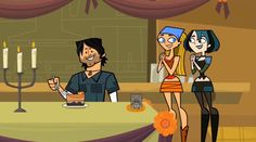 an animated image of two people at a table with candles in front of them and one person holding a cell phone