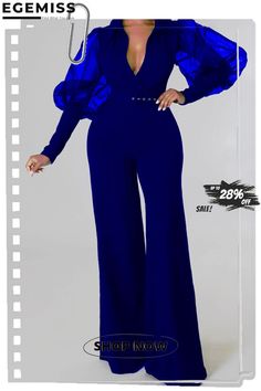 Blue Fashion Solid Mesh V Neck Boot Cut Jumpsuits(without Belt) Blue Long Sleeve Jumpsuits And Rompers For Fall, Blue Non-stretch Solid Color Jumpsuits And Rompers, Fall Blue Jumpsuits And Rompers For Workwear, Blue Solid Color Jumpsuit For Party, Blue Jumpsuit Or Romper For Party, Trendy Blue Jumpsuits And Rompers For Fall, Blue Jumpsuits And Rompers For Night Out In Fall, Blue Trendy Jumpsuits And Rompers For Party, Jumpsuits And Romper