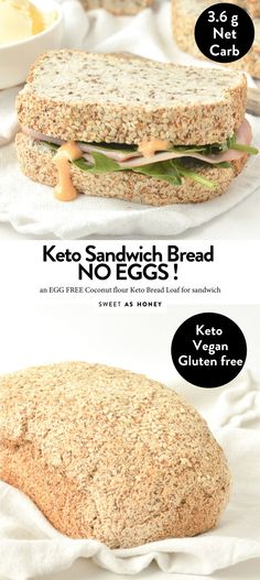 a sandwich with no eggs on it and the words keto sandwich bread