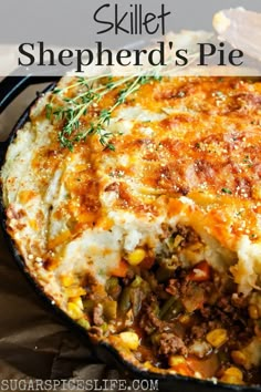 skillet shepherd's pie with text overlay