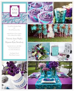 purple and teal wedding theme with cupcakes, cake, flowers, napkins