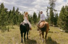 two people are riding horses through the woods