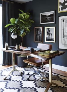 a home office with blue walls and pictures on the wall, including a large potted plant