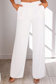 Standard  with class of "tabs"  This season's most wanted pants have finally arrived, meet the Good Feeling White High Rise Pants. Featuring a trouser fit with belt loops around the waist, a high waist, two front pleats,a hook and bar closure, a straightleg fit, two side pockets, and two welt pockets on the backside. These pants are meant to be in your closet. Style with our Good Feeling Blazer to complete the look! White Slacks, Good Feeling, Pants Large, Most Wanted, High Rise Pants, Welt Pockets, The Good, Feel Good, High Waist