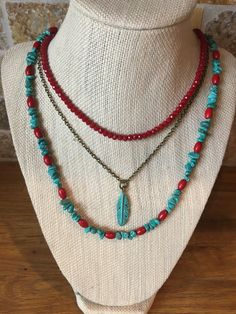 Red Bead & Turquoise Necklace 16" Lobster Claw Closure and Extender Chain Handcrafted and MADE IN USA Adjustable Festive Beaded Necklace, Red Bohemian Necklace With Lobster Clasp, Bohemian Red Necklace With Lobster Clasp, Red Bohemian Beaded Necklace With Lobster Clasp, Handmade Red Bohemian Charm Necklaces, Red Southwestern Turquoise Necklace For Gift, Red Southwestern Necklace With Adjustable Fit, Adjustable Turquoise Necklace With Colorful Beads, Adjustable Southwestern Red Necklace