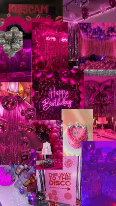 a collage of pink and purple images with the words happy birthday written on them