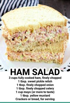 there is a sandwich on the plate with instructions to make it look like ham salad