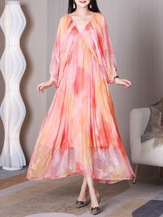 Styles: Elegant Material: Tencel Clothing Length: Ankle-Length Sleeve Length: 3/4 Sleeve Collar: V-Neck Pattern: Bicolor Season: Summer #dress #chiffondress #elegant #coral Elegant Orange V-neck Dress, Elegant V-neck Maxi Dress, Orange Chiffon V-neck Dress, Elegant V-neck Shift Maxi Dress, Elegant Shift V-neck Maxi Dress, Spring Pink Split Neck Dress, Elegant Shift Maxi Dress With V-neck, Pink Chiffon Maxi Dress V-neck, Pink Chiffon Maxi Dress With V-neck