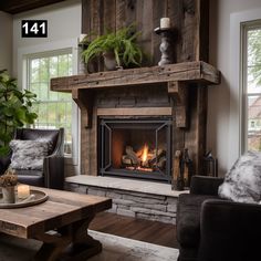 a living room filled with furniture and a fire place next to a table in front of a window