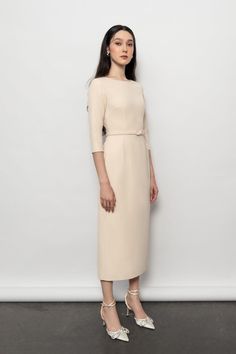 Isabella Sheath Boat Neck Polyester Midi Dress MEAN BLVD Mean Blvd, Midi Pencil Dress, Smart Outfit, Daytime Dresses, Design Clothes, Modern Women, White Dresses, Business Dresses, Professional Outfits