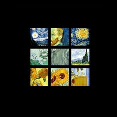 the van gogh paintings are shown in four different squares, each with an image of sunflowers