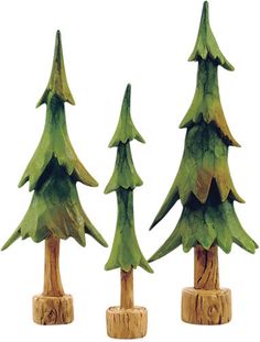 three wooden trees with green leaves on them