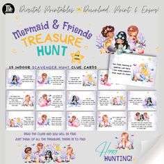 the mermaid and friends treasure hunt game is shown with instructions for each player to use