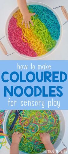 two children playing with colored noodles in a bowl and the words how to make colored noodles for