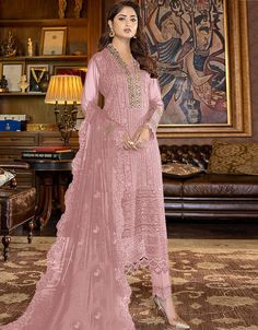 Pink Fox Georgette Pant Salwar Suit Pink Long Sleeve Salwar Kameez With Lace Work, Long Sleeve Georgette Sets With Lace Work, Bollywood Style Long Sleeve Lace Sets, Pink Georgette Sets With Lace Work, Aesthetic Pink Color, Pant Salwar Suit, Suits Usa, Bottom Heavy, Pink Dupatta