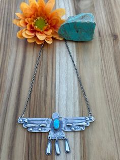 Sterling Silver Stamped and Hallmarked Waterman Turquoise By: Tyazzie Measures 22" End to End Secure Clasp Adjustable chain End To End, Bird Necklace, Turquoise Jewelry, Hallmark, Stamp, Turquoise, Make It Yourself, Sterling Silver, Chain