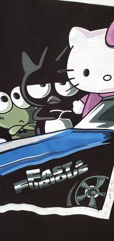 an image of hello kitty driving a car with other cartoon characters in the back seat