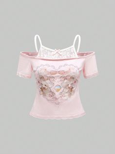 Multicolor Casual Collar Short Sleeve Knitted Fabric Animal,Floral,Heart  Embellished Medium Stretch  Women Clothing Cute Core Clothes, Cutecore Shirt, Cute Matching Shirts, Coquette Shirts, Cutecore Clothes, Cutesy Clothes, Cute Cheap Clothes, Kawaii Tops, Kawaii Shirt