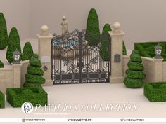 an iron gate surrounded by green bushes and trees in front of a white wall with the words pavilion collection on it