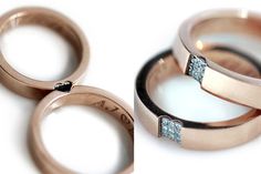 two wedding rings with three diamonds on them