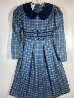 "Adorable winter weight dress  / labeled sz 7 girls / measures pit to pit 14\"/ elastic back waist 12 1/2\"-13 1/2\"comfortably / pit to wrist 13 1/4\" / length (shoulder to bottom) 35\"/ slightly puff sleeves & velvet sleeve wrist piping & collar / Smoke free environment - No issues (97)" Preppy Long Sleeve Dresses For Fall, Preppy Gingham Dress For School, Fitted Plaid School Dress, Fitted Plaid Dress For School, Cute Plaid Dresses For School, Cute Winter Dress For School, Preppy Plaid Dress For Fall, Vintage Plaid Dress For Fall, Fitted Plaid Winter Dress