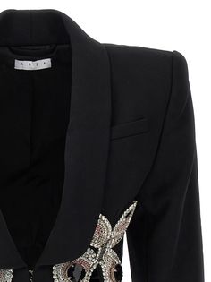 Embroidered Butterfly Cropped' wool blazer with crystal appliqué, front hook closure, long sleeves, and padded shoulders. Composition: 99% virgin wool 1% lyly Designer Embellished Blazer, Elegant Embellished Blazer With Lapel Collar, Luxury Embellished Outerwear With Notch Lapel, Tailored Embellished Outerwear With Notch Lapel, Winter Embellished Long Sleeve Blazer, Luxury Embellished Workwear Outerwear, Luxury Tailored Embellished Outerwear, Chic Embellished Winter Blazer, Luxury Embellished Outerwear For Work