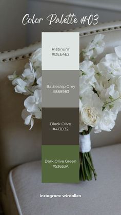 a bouquet of white flowers sitting on top of a couch next to a mirror with the words color palette 103