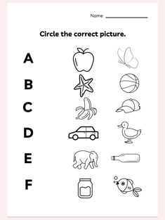 an alphabet worksheet with pictures and words