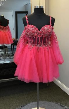 Hot Pink Sequin Dress, Dress Quinceanera, Homecoming Dress Short, Pink Sequin Dress, Off The Shoulder Sleeves, Fashion Diary, Prom Dresses Two Piece, Beaded Prom Dress, Short Homecoming Dress