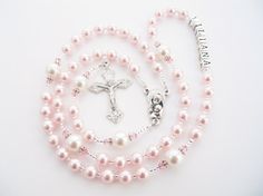 Pink and White Swarovski Pearl Catholic by RosaryGardenCathy Pink Beaded Jewelry For First Communion, Pink Beaded Jewelry For Baptism, Pink Rosary For First Communion, Pink Rosary With Round Beads For First Communion, Adjustable Pink Cross Rosary, Pink Cross Jewelry For Wedding, Baby Girl Baptism Gift, Pink Rosary, Catholic Confirmation