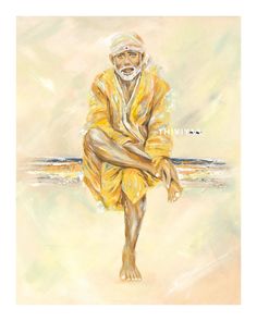 a painting of an old man sitting on the beach