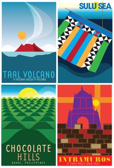 four different travel posters with mountains, water and clouds in the middle one has an image of