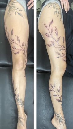 two pictures of the same person's legs with tattoos on them, one is showing off