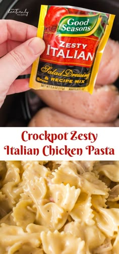 crockpot zesty italian chicken pasta in a slow cooker with text overlay