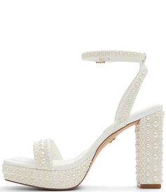 ALDO Lulu Pearl Platform Dress Sandals | Dillard's White Pearl Heels, Hoco Heels, White Block Heel Sandals, Pearl Heels, White Block Heels, Prom Heels, Block Heel Sandals, Buckled Heels, Wedding Heels